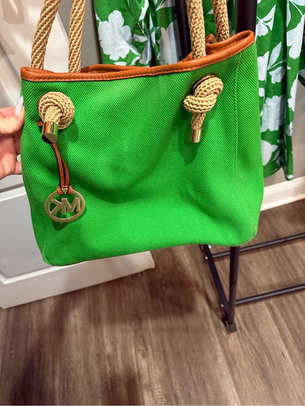 Michael Kors Bright Green Canvas Tote with Tan Rope Handles